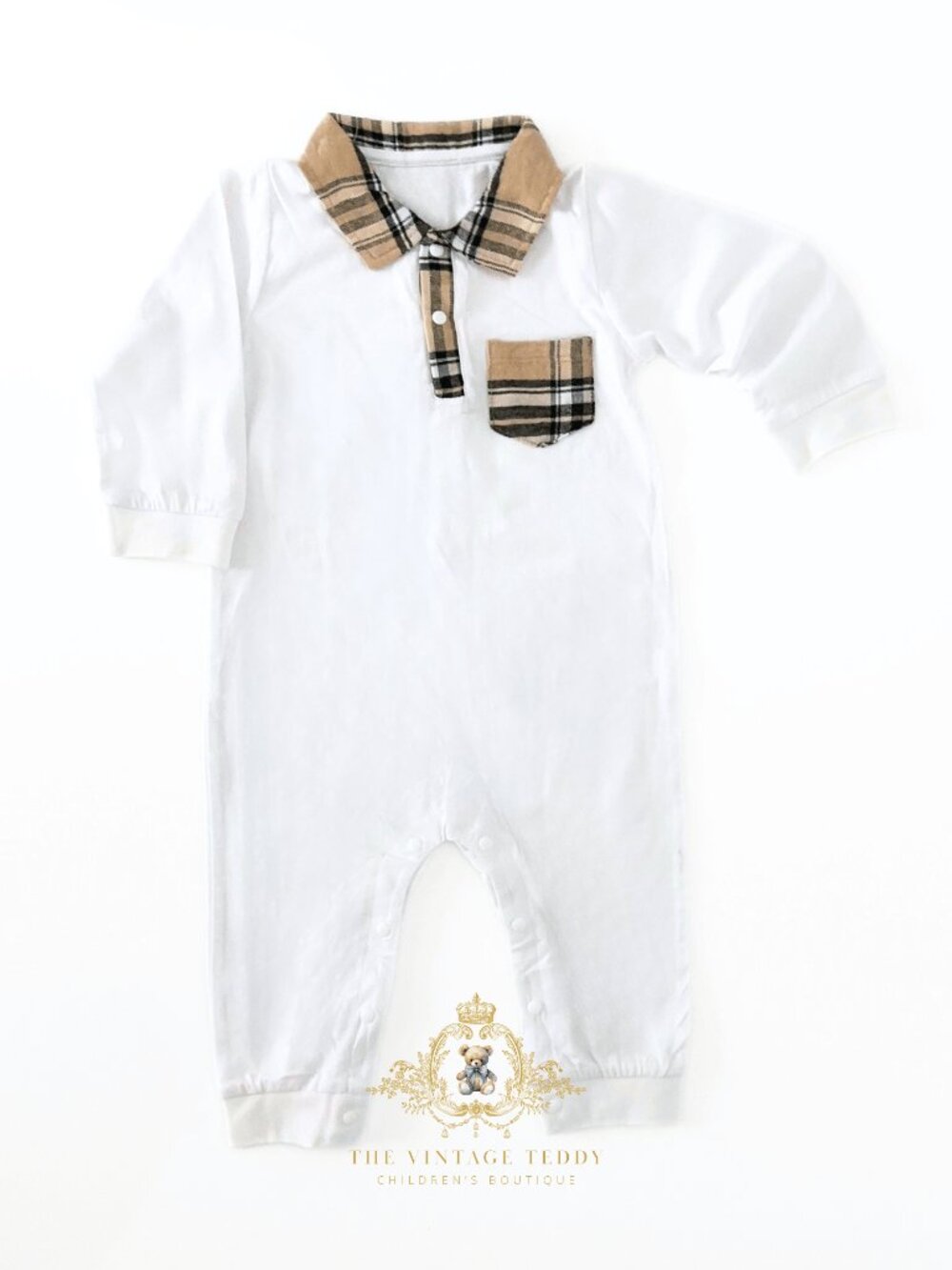 NWT Cute Boys One-piece Bodysuit Oxford Rompers Long Sleeve Plaid White 9-12M